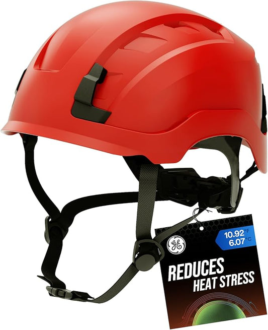 GE Safety Helmet, Impact Absorbing Tech, Adjustable Ratchet, ANSI Type 1, Memory Foam Padding, Hard Hats Protection, Lightweight, Durable, Chin Strap, Comfortable Fit OSHA Approved