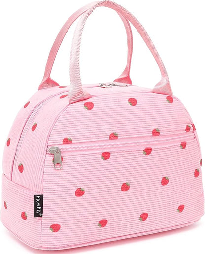 FlowFly Insulated Lunch Bag for Women – Corduroy Lunch Tote Box, Cute Cooler Bag for Work, Travel, Picnic,Corduroy Strawberries RoseRed
