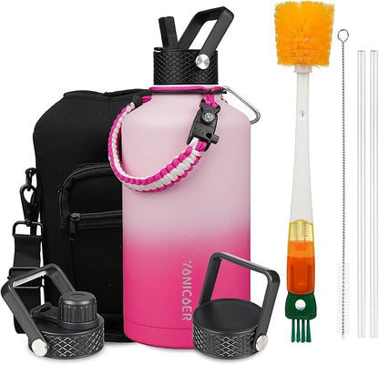 Insulated Water Bottle 64oz,Triple Wall Vacuum Stainless Steel(Dishwasher Safe),Leak Proof & Non-BPA,Flask Jug with Paracord Handle & Straw Spout Lids Sports