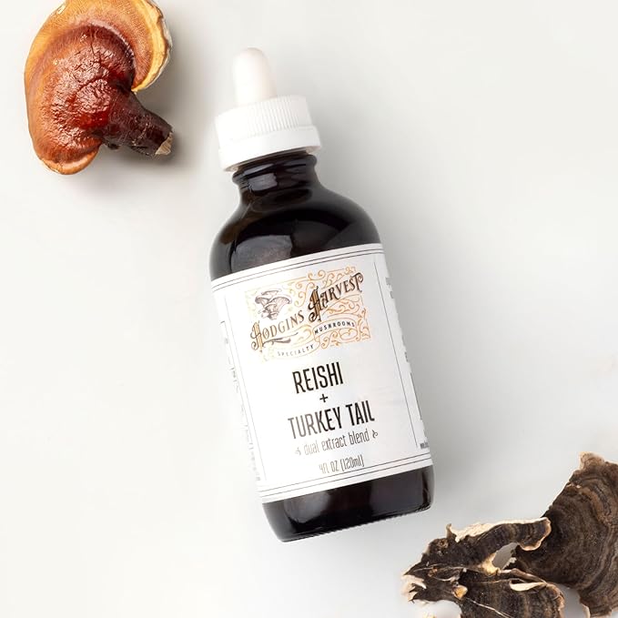 Hodgins Harvest Reishi + Turkey Tail Tincture | Made with Mushrooms Grown On Our Farm in The USA | Dual Extract | Extra-Concentrated (4 fl oz)