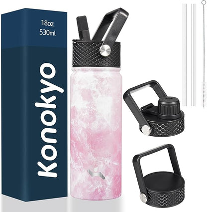 18 oz Insulated Water Bottle Stainless Steel Sport Bottles with 3 Lids,Marble Blossom