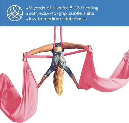 Aerial Silks Starter Kit - Durable 9 Yards of Aerial Yoga Hammock with Hardware & Guide - Aerial Swing for Acrobatic Flying Yoga & All Levels (Aerial Rigging Point Up to 13ft)