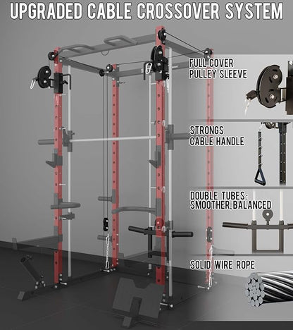 Eonfit E3 Smith Machine with 360°Rotating Arm for Home Gym Equipment, Multi-Function Power Cage Squat Rack with Cable Crossover LAT Pulldown Pulley System All in One