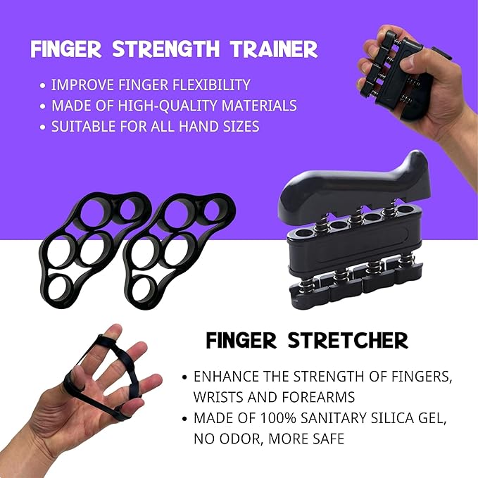 Hand Grip Strengthener Workout Kit (8 Pack) Forearm Grip Adjustable Resistance Hand Gripper, Finger Stretcher, Finger Exerciser, Grip Ring，Gyro Ball