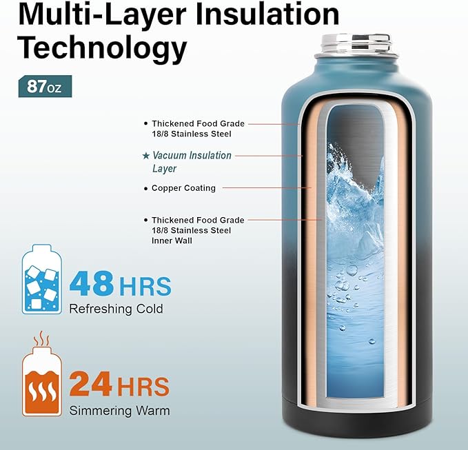 Insulated Water Bottle | Thickened Stainless Steel for Gym and Hiking with Straw, Carrier Bag, Handle Strap | BPA-Free 87 oz