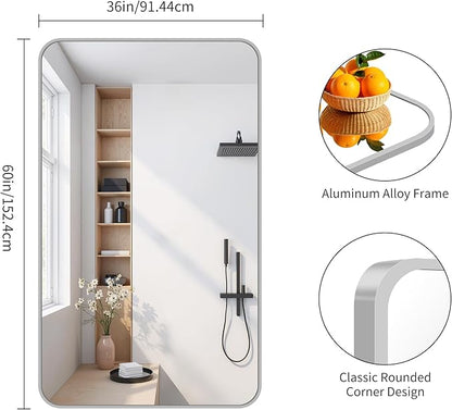 FORBATH 60x36 Inch Silver Bathroom Mirror for Over Sink, Large and Wide Rectangular Wall Mirror with Metal Frame, Rounded Corners for Bathroom, Bedroom, Entryway Decor (Horizontal or Vertical)