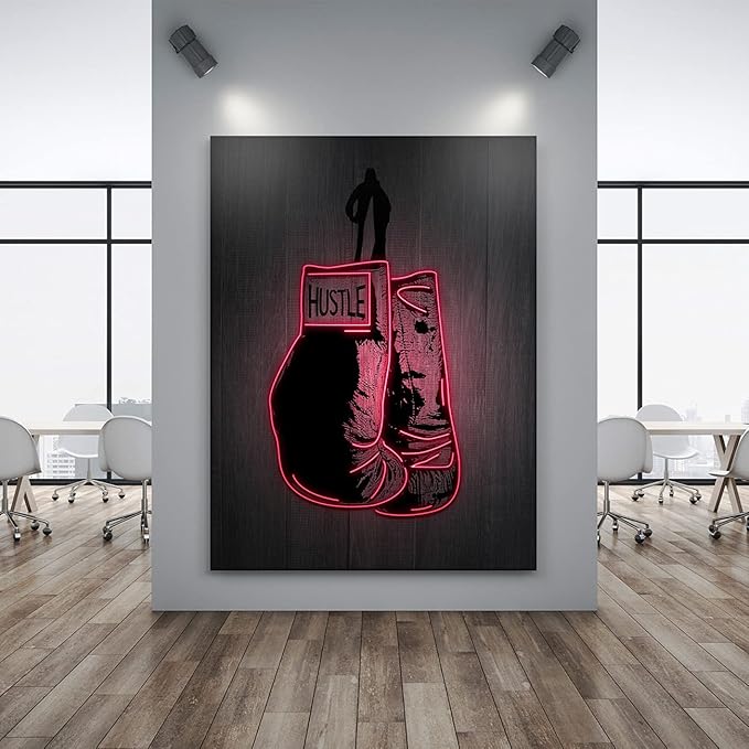 Boxing Gloves Neon Canvas Print Motivational Canvas Print Wall Art Office Decor, Entrepreneur Motivation, Hustle Artwork, Boxing Neon Print, Fighter Gym Sign, Hustler Art Neon Sign (24" x 18")