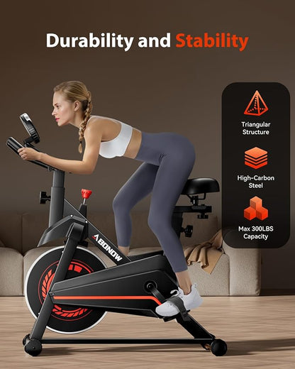 Exercise Bike, Brake Pad Stationary Bikes for Home with App Compatible, Low Noise Indoor Cycling Bike, 300lbs Capacity Compact Workout Bike with Tablet Mount & Extra Comfort Seat