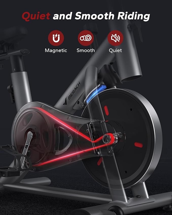 MERACH Exercise Bike, Brake Pad Stationary Bike with Exclusive App, Low Noise Indoor Cycling Bike with 300lbs Weight Capacity, Tablet Mount and Fitness Courses for Weight Loss