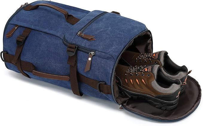 Kalesi Gym Duffle Bag Backpack 4-Way Vintage canvas with Shoes Compartment for travel Sport Hiking laptop (Vintage blue)