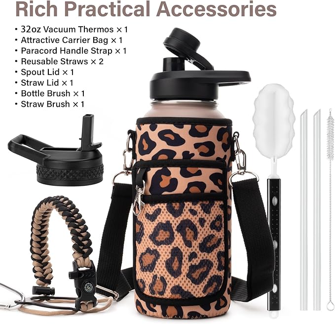 Insulated Water Bottle | Thickened Stainless Steel Vacuum Metal | Portable Sports Water Jug for Gym and Hiking with Straw, Carrier Bag, Handle Strap | BPA-Free 32 oz