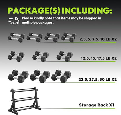 Hex Dumbbell Sets with Rack, 290-670 lb Rubber Encased Exercise & Fitness Dumbbells Set, Hand Weight for Strength Training, Weight Dumbbells
