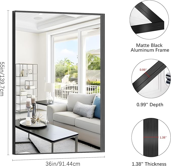 Black Bathroom Mirror, 36x55 Inch Rectangular Deep Frame Mirror, Large Wall Mounted Bathroom Vanity Mirror Over Sink for Bedroom,Restroom, Living Room, Hangs Vertically or Horizontally