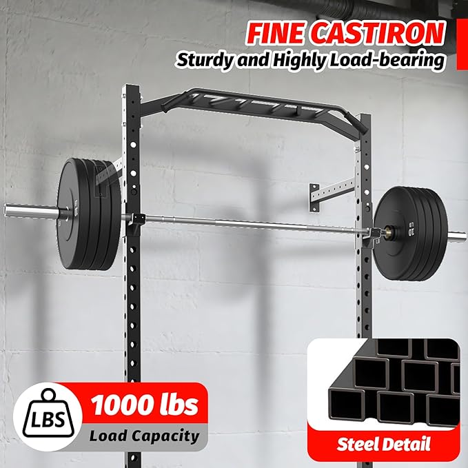 1600LB Wall Mounted Power Rack, Commercial Squat Rack for Home Gym with Multi-Grip Pull Up Bar, j-Cups & Landmine Attachment for Home and Garage Gym