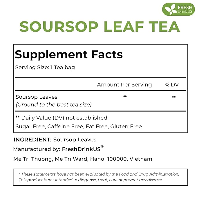 FreshDrinkUS, Premium 75 Soursop Graviola Leaf Tea Bags, 100% Natural and Pure from Soursop Leaves, Handmade, Made With Natural Materials-Corn Fiber Tea Bag, Sugar/ Caffeine/ Gluten Free, Hoja Guanabana Tea