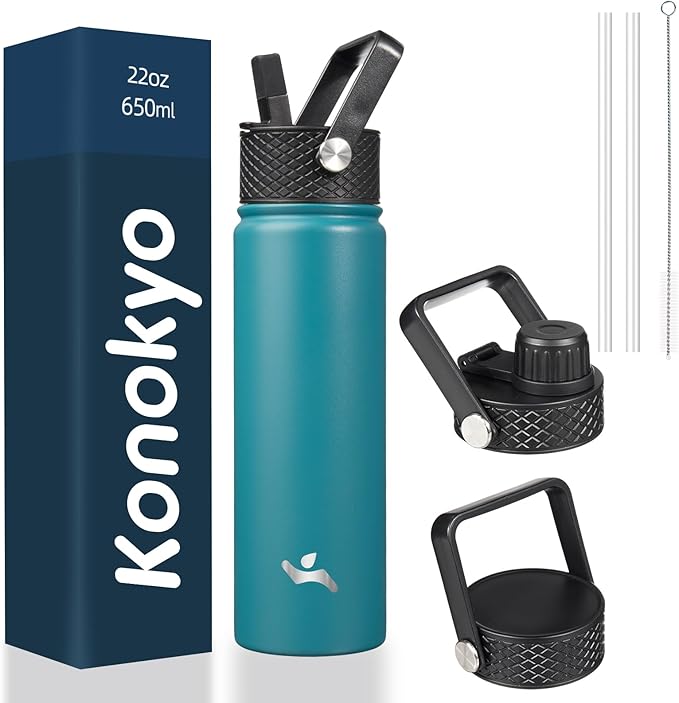22oz Stainless Steel Bottles with 3 Lids Sport Insulated Water Bottle,Light Blue