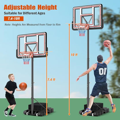 Giantex Portable Basketball Hoop Outdoor - 7.4-10 FT Height Adjustable Basketball Goal System w/ 44 Inch Shatterproof PC Backboard, Fillable Base, Basketball Hoop Indoor for Adults, Backyard, Driveway