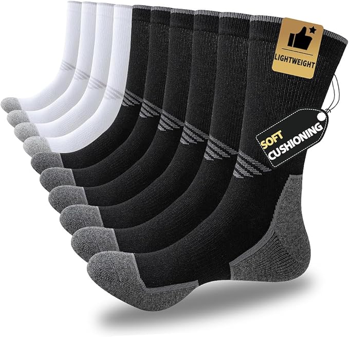 JOYNÉE 5/10 Pairs Mens Lightweight Athletic Crew Socks Cushioned Breathable Long Socks for Sports Running