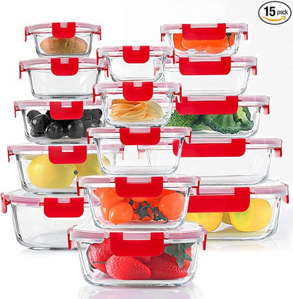 30 Pieces Glass Food Storage Containers Set, Glass Meal Prep Containers Set with Snap Locking Lids, Airtight Glass Lunch Containers, Microwave, Oven, Freezer & Dishwasher, Red