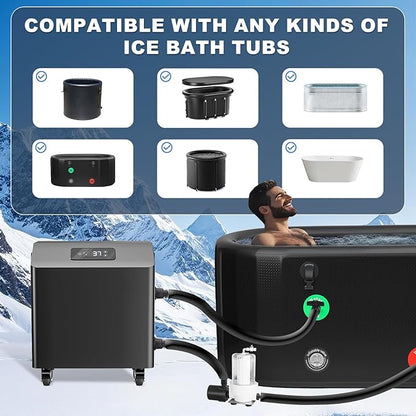 Ice Bath Water Chiller for Cold Plunge Tubs, 1HP Upgraded Cold Plunge Chiller with External Filter & Pump, Submersible Pump, Insulated Hoses, 110V Cooling Chiller for for Cold Therapy Recovery