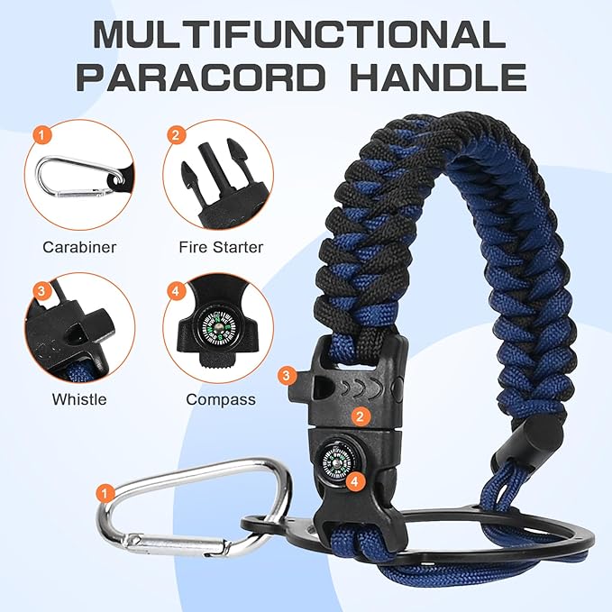 Insulated Water Bottle 64 oz, Half Gallon Water Jug Cold 48H, BPA Free Stainless Steel Bottles with Straw/Chug 2-in-1 Lid, Bag, Paracord Handle, Silicone Boot, Sports Gym School Metal Flask