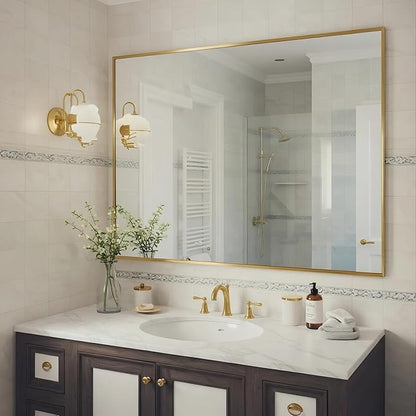 27x40 Inch Brass Bathroom Mirror for Wall, Aluminum Frame Rectangle Rectangular Vanity Mirror, Modern Large for Bedroom, Living Room, Horizontal or Vertical