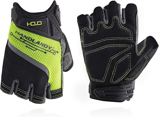 HANDLANDY Fingerless Work Gloves for Men Utility Padded Half Finger Driving Working Gloves (Medium, Green)