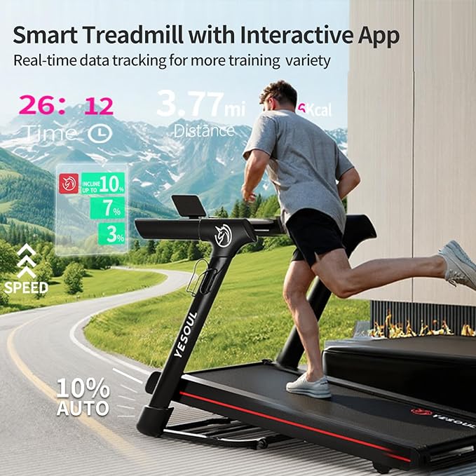 Yesoul Walking Pad Treadmill with 10% Auto Incline, Under Desk Treadmill for Home Walking, Hiking & Running, 300lbs Capacity, Smart App Scenic Routes & Live Classes, Remote & LED Display