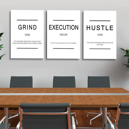 Framed Canvas Wall Art Success Quote - Office Wall Art, White Large Poster, Positive Motivational Set of 3 Prints, Execute Grand Hustle Poster, Inspirational Print (C-3pcs,20x30inchx3pcs)