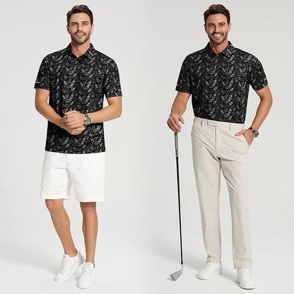 Golf Shirts for Men - Moisture Wicking Short Sleeve Performance Sport Casual Striped Collared Mens Polo Shirt