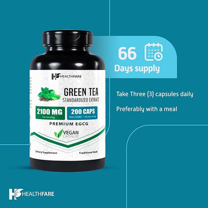 EGCG Green Tea Extract Supplement, 2100mg | 200 Capsules | Standardized 50% EGCG, 98% Polyphenols | 80% Catechins | Non-GMO | Gluten-Free