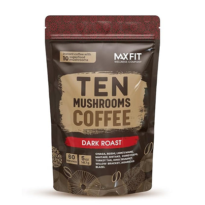 Instant Mushroom Coffee Dark Roast (60 Servings) With 10 Mushrooms (Lions Mane, Cordyceps, Turkey Tail & Other) Mixed With Gourmet 100% Arabica Instant Coffee for Focus & Gut Health Support