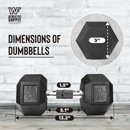 WF Athletic Supply Rubber Encased Hex Dumbbells with Rubber Grip Contoured Handle for Muscle Toning, Strength Building & Full Body Workout