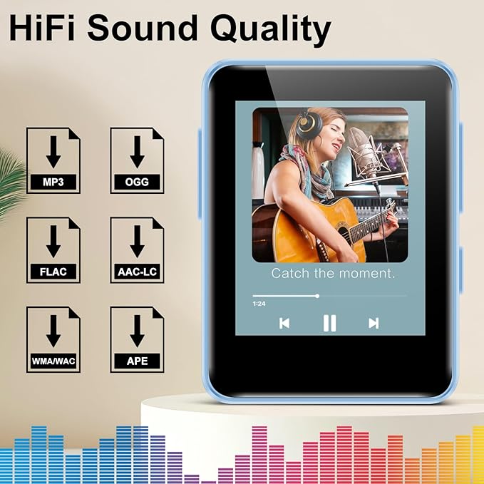 32GB MP3 Player with Bluetooth, 1.8 inch Screen, with FM Radio, Recorder, Portable Sport HiFi Music Player Up to 512GB, Blue