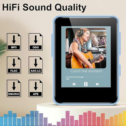 32GB MP3 Player with Bluetooth, 1.8 inch Screen, with FM Radio, Recorder, Portable Sport HiFi Music Player Up to 512GB, Blue