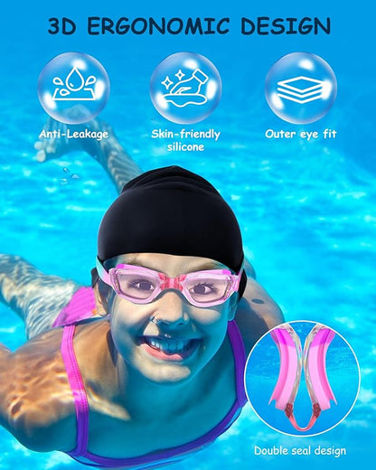 Kids Swim Goggles, Swimming Goggles for Kids Toddlers 3-14 with Swim Cap, Nose Clip, Nose Bridge, Ear Plugs