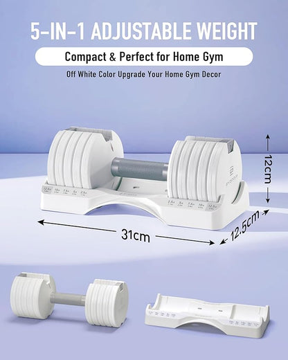 Adjustable Dumbbell – 12.5/25lb Single Unit OR Set of 2 – 5-in-1 Adjustable Weight for Home Gym, Strength Training & Fitness Workouts, White OR Black