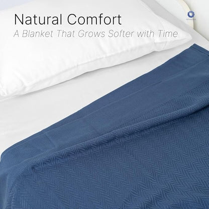 100% Cotton Herringbone Weave Blankets, 108"X90" King, Throw Blanket for Bed,All Season Cotton Blanket, Cozy Blanket,Throws Bed Blanket, Throw Blanket for Couch,Modern Home Decor -Navy Blue