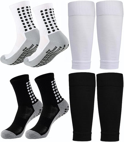 KMOLY 1 Set Soccer Grip Socks,Shin Guard Sleeves for Football Basketball for Men and Women Black/White One Size