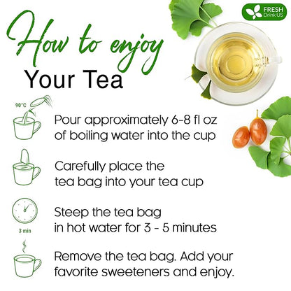 FreshDrinkUS, Premium 135 Ginkgo Biloba Leaf Tea Bags, 100% Natural & Pure from Ginkgo Biloba Leaves. Loose Leaf Herbal Tea. Made with Eco-Conscious Tea Bags. No Sugar, No Caffeine, No Gluten, Vegan.