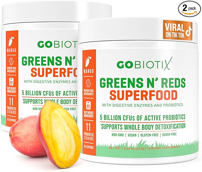 GOBIOTIX Super Greens and Reds Powder - Red and Green Superfood - Probiotic Supplement - Digestive Enzymes and Beet Root Powder - Organic Whole Foods Dietary Supplement (Mango, 2 Pack)