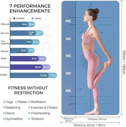 Yoga Mat Non Slip TPE Extra Wide Yoga Mat with Alignment Mark, 72"L x 32"W x 0.32"/0.24"Th (183cm x 81cm x 8mm/6mm), Anti-Tear Exercise Mat with Carrying Strap and Bag, Workout Mats for Yoga, Pilates