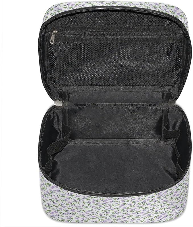 Large Makeup Bag Travel Cosmetic Bags for Women Purple Vintage Bohemian Spring Flower Floral Makeup Organizer Case Toiletry Bag for Girls Traveling Wide Open Portable Pouch with Handle