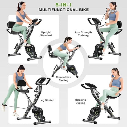 Exercise Bike, 5 in 1 Foldable Stationary Bike for Seniors, 16-Level Adjustable Magentic Resistance, Indoor Workout Bike with 330LB Capacity, Comfortable Seat Backrest X-bike
