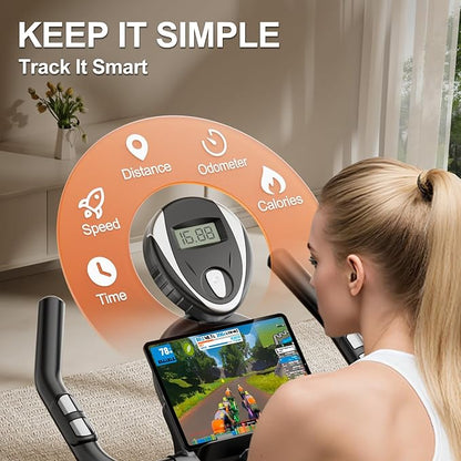 Exercise Bike, Adjustable Magnetic Resistance Stationary Bikes for Home with App Compatible, Indoor Cycling Bike with 300lbs Capacity Compact, Extra Comfort Seat & Tablet Mount