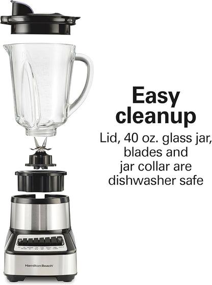 Hamilton Beach Wave Crusher Blender For Smoothies With 40 Oz Glass Jar and 14 Functions, Ice Sabre Blades & 700 Watts for Consistently Smooth Results, Black + Stainless Steel (54221)