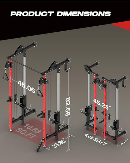 Folding Power Rack, Wall Mounted Squat Rack with Dual Independent Pulley System, Multi-Function Power Cage with 5 Adjustable Function Modes, Power Rack Trainer for Space Saving Home Gym