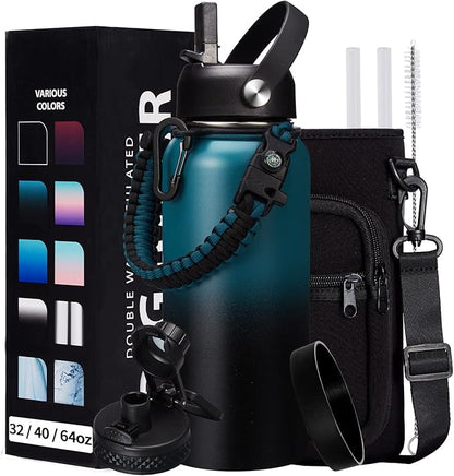 32/40/64/128 oz Insulated Water Bottle with straw & Spout Lids Keep Cold 48H Hot 24H, Large Water Flask Bottle with Shoulder Carrier Bag, Paracord Handle & Boot for Gym, Workout & Beach