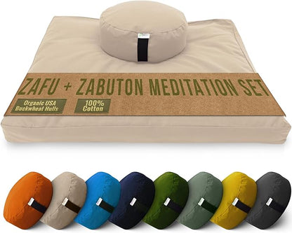 Bean Products Meditation Cushion Mat Set - Zafu Floor Pillow Organic Buckwheat Pillow + Cotton Filled Zabuton Prayer Pad - Meditation Pillow Yoga Knee Pad - Made in USA - 14" Round or 18" Oval