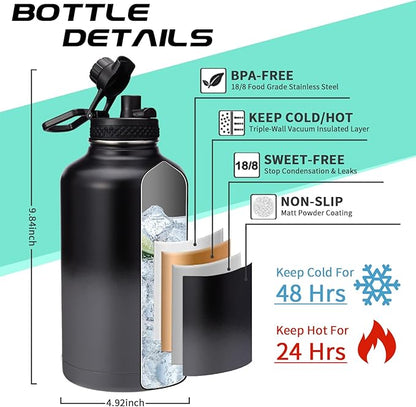 Half Gallon Insulated Water Bottle - with Straw & Spout Lid, Paracord Handle & Carrier Bag, Protective Cup Mat, 64oz Vacuum Stainless Steel Water Bottle, Metal Vacuum Flasks Keep Cold 48h Hot 24h
